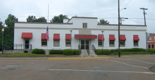 The Indianola Post Office in Indianola. A New Deal mural entitled "White Gold in the Delta" was painted by Beula Bettersworth in 1939 for this office. However, it was destroyed du...