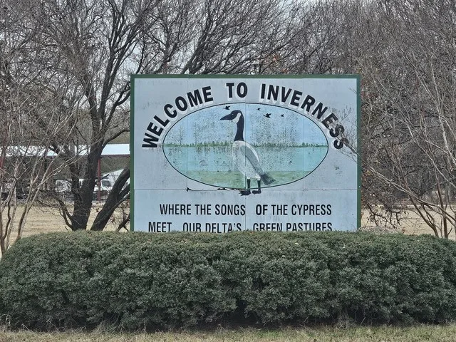 Welcome sign for Inverness, MS, located on Highway 49 West
