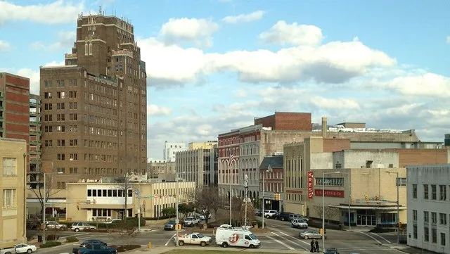 A vista of downtown Meridian, Mississippi from the third floor of Meridian City Hall. Pictured buildings include the Threefoot, Riley Center, Kress Building, and Doughboy Monument.