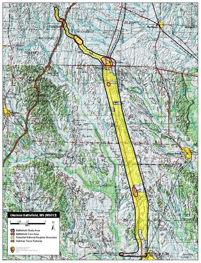Map of battlefield core and study areas. The ABPP extended the Study Area of this cavalry battle to include the Federal running retreat route through Okolona, and heavy skirmishin...