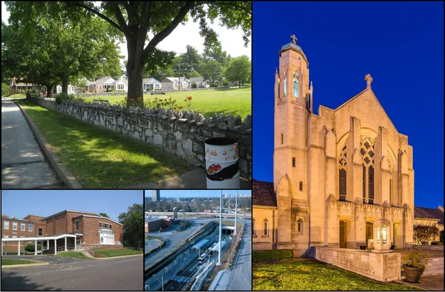 Compilation of images related to Brentwood, Missouri. Top left: Neighborhood near Mark Twain Elementary School; Right: St. Mary Magdalen Catholic Church; Bottom left: Brentwood Hi...