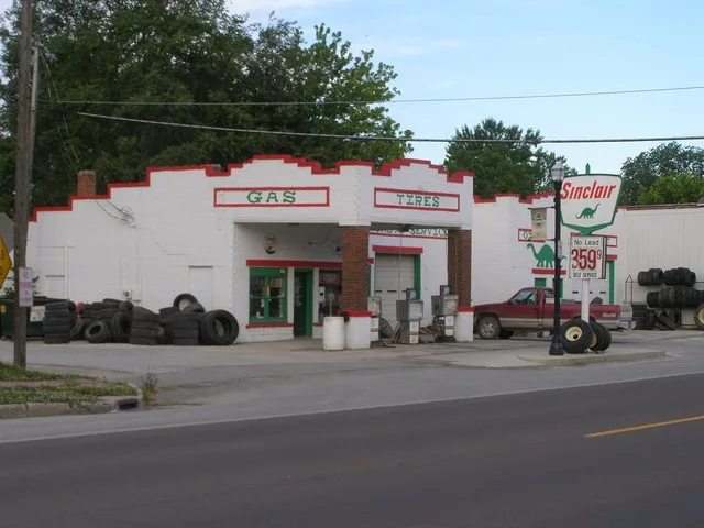 Sinclair gas station in Brunswick, Missouri. It was once ton the main channel of the Missouri River.
