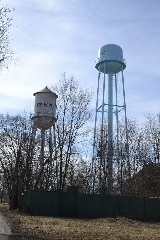 Dual water towers in Chilhowee, Missouri.