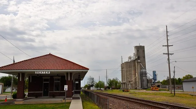 The old Dexter rail depot, now visitor center. Located at Dexter, Stoddard County, Missouri.