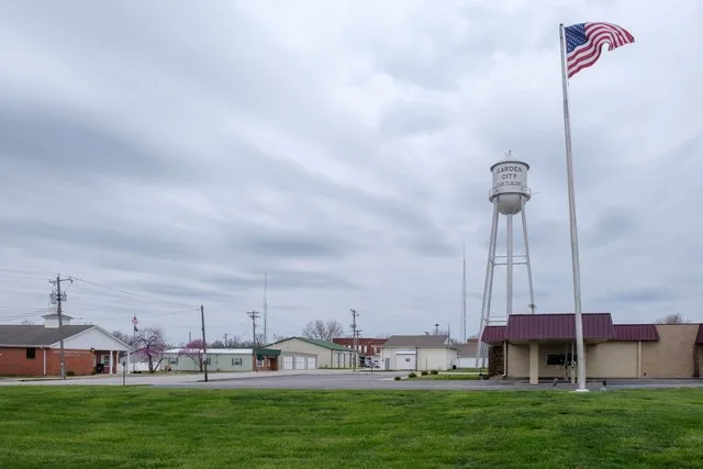 Downtown Garden City with the water tower and flag pole.