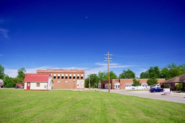 Buildings at the intersection of Main Street and 1st Street in Gideon, Missouri, United States