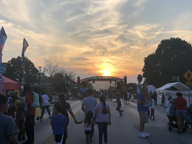 Sunset over festival on Grandview's revitalized Main Street.