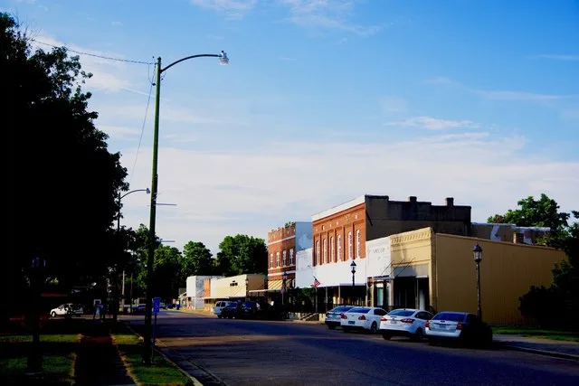 Buildings along 4th Street, on the eastern side of the town square, in Hayti, Missouri, United States.