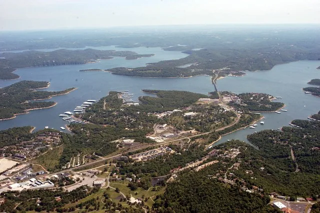 Crappy Aerial Photo of the downtown area of Kimberling City with DD Pennensula and Blue Eye in the distant background