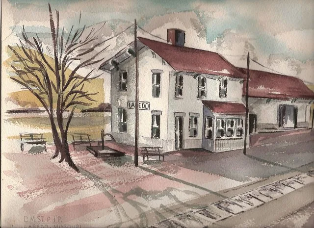Watercolor of the Milwaukee Railroad depot in Laredo, Missouri. Painting by R.L. Huffstutter, done in the 1960s. The depot no longer exists.