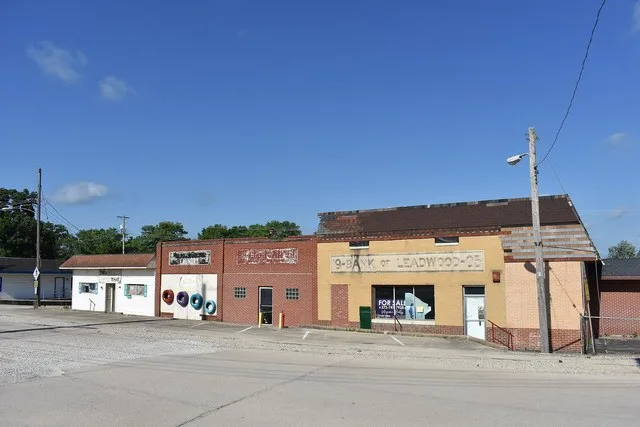 Historic building fronts in Leadwood, Missouri. June 2026