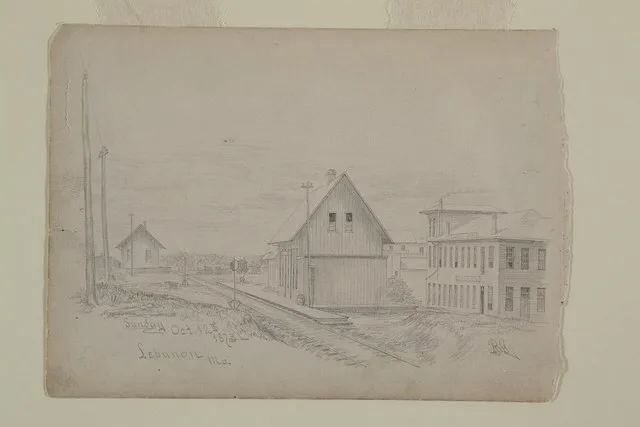 Pencil Drawing of Train Depot in Lebanon Missouri by A.B. Greene. Greene was a late 19th century commercial artist from St. Louis who specialized in ink and pencil drawings of arc...