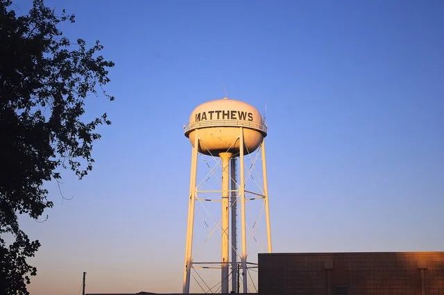 Water tower in Matthews, Missouri, United States.