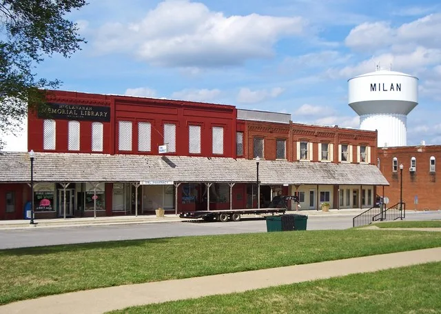 Milan, Missouri, view of a East 2nd Street on the town square with water tower