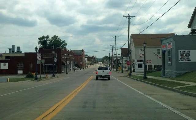 Looking south along 1st Street in Pacific, Missouri.