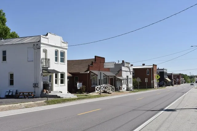 Historic stretch of buildings on US-50 in Rosebud, Missouri.
