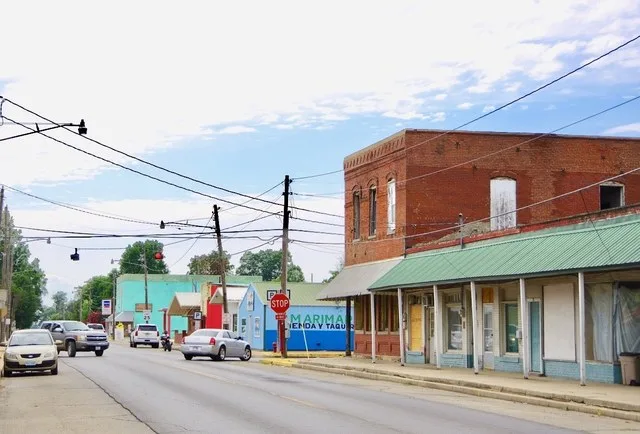 Commercial Street (State Highway P) in Senath, Missouri, United States.