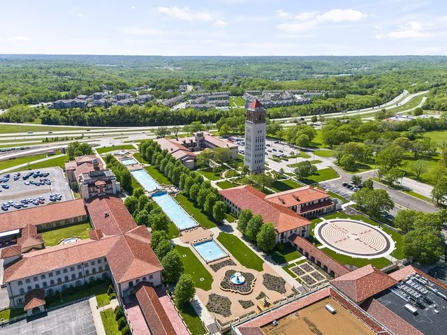 Drone photo showing the Unity Village campus as seen in 2024.