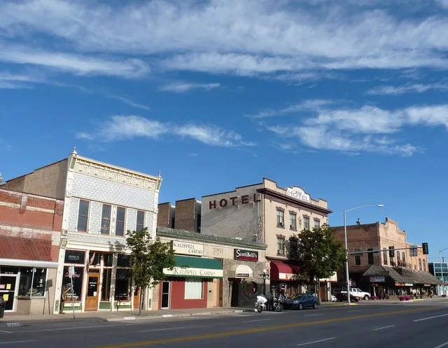 Shown are a few buildings on the Main Street of Kalispell, Montana, USA, including the Brewery Saloon, the Kalispell Grand Hotel, and the McIntosh Opera House. These buildings and...