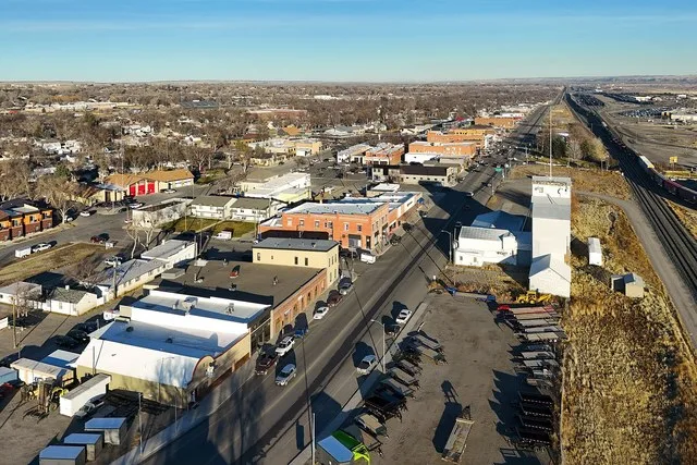 Aerial view of downtown Laurel, Montana (pop. 7,222)