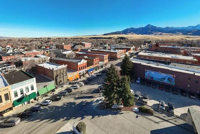 Aerial view of downtown Livingston, Montana (8,040).