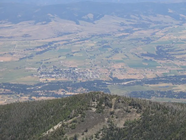 View of the town of Stevensville, the Bitterroot River , and the Bitterroot Valley — from St. Mary's Peak in the Bitterroot Mountains Range. Located in the Bitterroot National For...