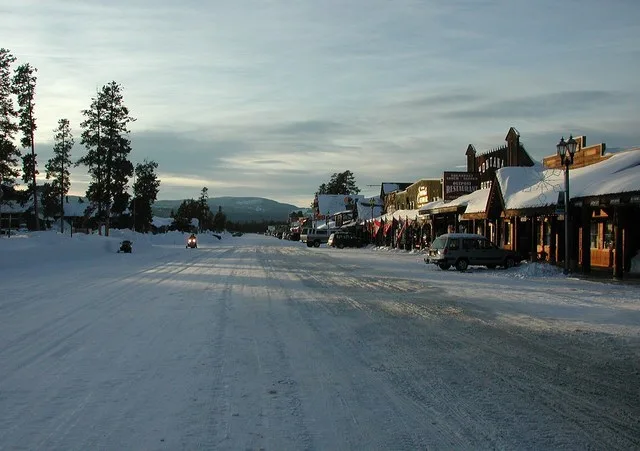 Yellowstone Avenue in West Yellowstone, Montana, looking west near sundown