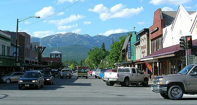 Looking north toward Big Mountain in downtown Whitefish, Montana . This photo was made in May 2006.