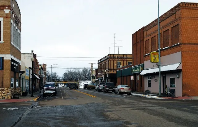 Main Street in Wibaux, MT looking north from the Wibaux County Sheriff's Office & Courthouse.