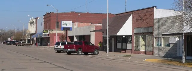 North side of Main Street in Alma, Nebraska. Camera is facing northwest.