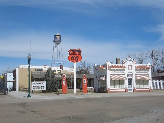 Old "static Museum replica non functional" Phillips 66 gasoline station in Bassett, Nebraska, USA. This is a non functional store front with replica and refurbished parts to make...