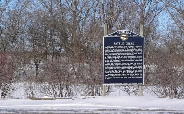 Historical marker at northern edge of Battle Creek, Nebraska .