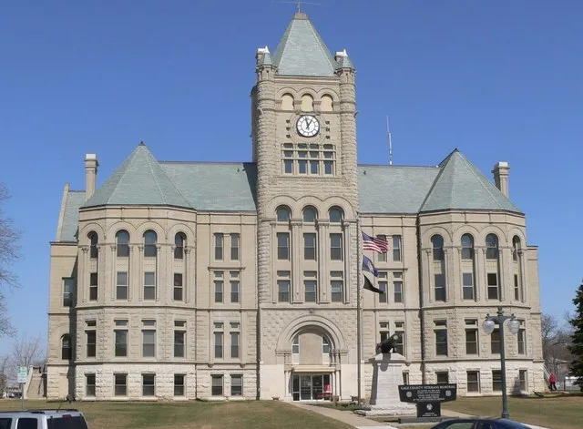 Gage County courthouse, located between Grant and Lincoln Streets and between 6th and 7th Streets in Beatrice, Nebraska ; seen from the south.