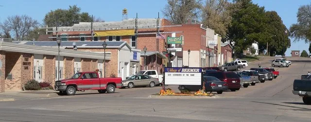 Downtown Beemer, Nebraska : west side of Main Street, seen from the southeast, across U.S. Highway 275 .