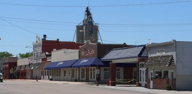 Downtown Blue Hill, Nebraska : north side of West Gage Street, looking west from about Pine Street.
