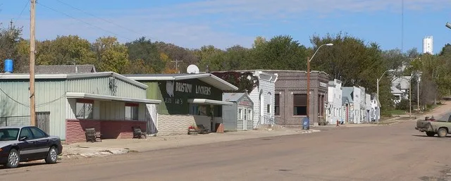 Downtown Bristow, Nebraska : west side of Prairie Street, looking northwest from about Bank Street.