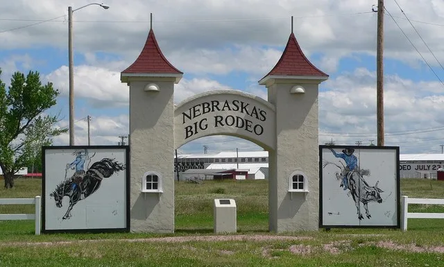Walk-in gate at northwest corner of Garfield County Frontier Fairgrounds , located at the southeast corner of Nebraska Highway 11 and L Street in Burwell, Nebraska ; seen from the...
