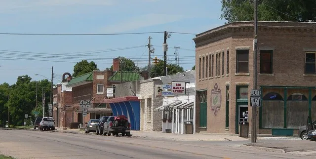 Downtown Cambridge, Nebraska : north side of Nasby Street ( U.S. Highway 6 / U.S. Highway 34 ), looking northwest from about Payne Street.