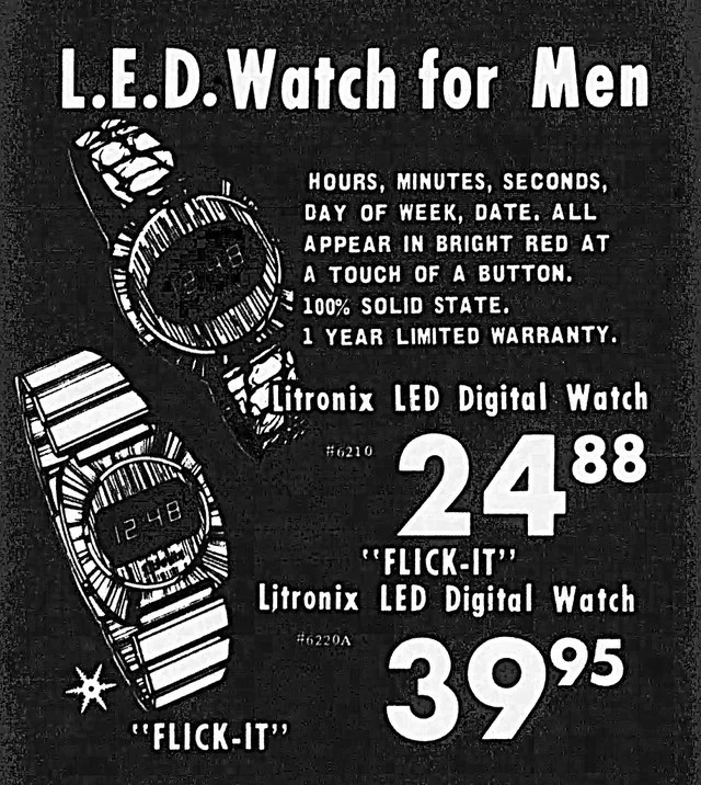Vintage Advertising For Litronix LED Watches For Men In A Service Drug Ad In The Chadron Nebraska Record Newspaper, December 2, 1976