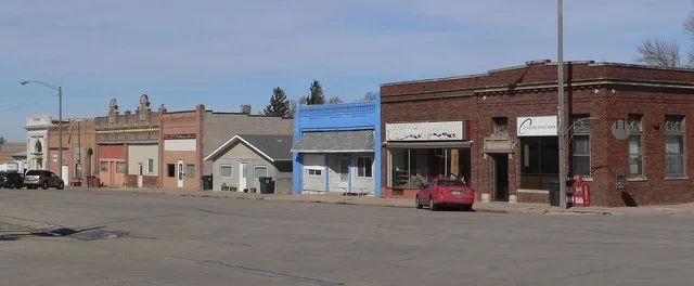 Downtown Creston, Nebraska: Pine Street; camera is facing northwest.