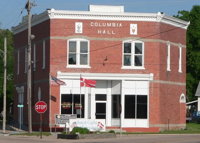 Columbia Hall , at the intersection of Roger Welsch Avenue and Mill Street in Dannebrog, Nebraska ; seen from the southeast. The Commercial style building was constructed in 1908...