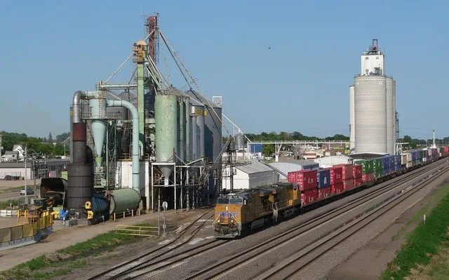 Elm Creek, Nebraska ; seen looking northeast from overpass at west end of town, carrying U.S. Highway 183 over U.S. Highway 30 (just visible at lower left of picture, behind alfal...