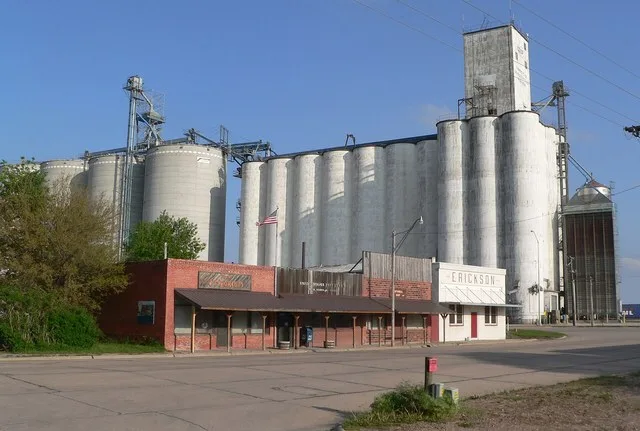 Funk, Nebraska : downtown and grain elevators.