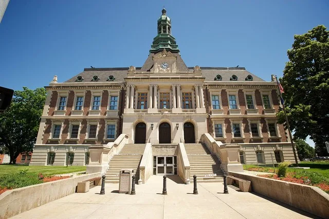 Facade of the Hall County Courthouse, located at the intersection of First and Locust Streets in Grand Island, Nebraska, United States. Designed by architect Thomas Kimball Rogers...