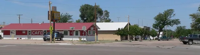 Downtown Haigler, Nebraska: northwest corner of Nebraska Avenue (U.S. Highway 34; runs east-west) and Porter Avenue (runs northward).