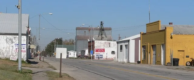 Downtown Herman, Nebraska : Main Street ( U.S. Highway 75 ), looking northwest from about 3rd Street. US75 runs northwest-southeast through Herman; the city's grid is aligned with...