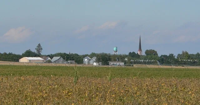 Humphrey, Nebraska , seen from the southwest. The steeple right of the water tower is St. Francis of Assisi Church.