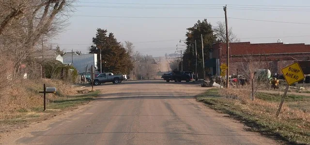 Downtown Huntley, Nebraska: Division Avenue, seen from the south.