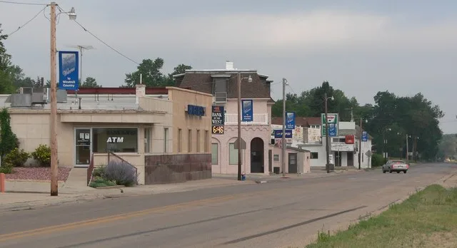 Downtown Hyannis, Nebraska , looking southwest. Nebraska Highway 2 / NE61 is in the foreground.