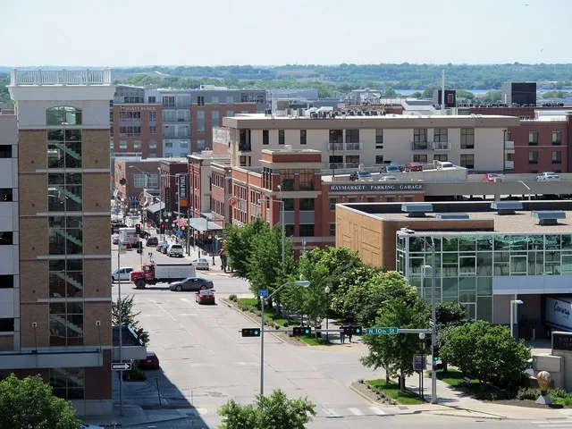 Aerial view of the old Haymarket and West Haymarket; as seen from the Que Place Garage, 1111 "Q" Street in Lincoln, Nebraska. Photo is looking west (and slightly northwest) down "...
